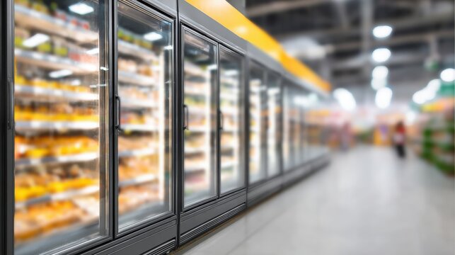 Row of empty refrigerated display cases with glass doors in a brightly lit supermarket aisle