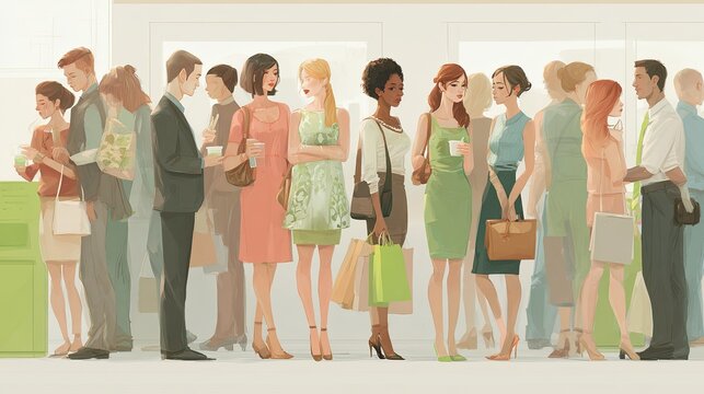 Diverse group of stylish people waiting in line together indoors