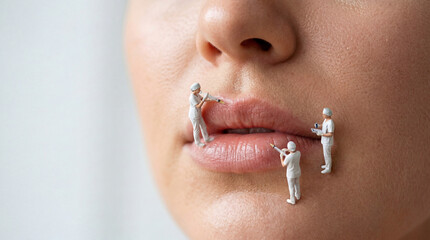 Lip augmentation concept with miniature cosmetologists injecting and enhancing woman lips, cosmetic procedure, beauty treatment, before and after transformation metaphor with copy space