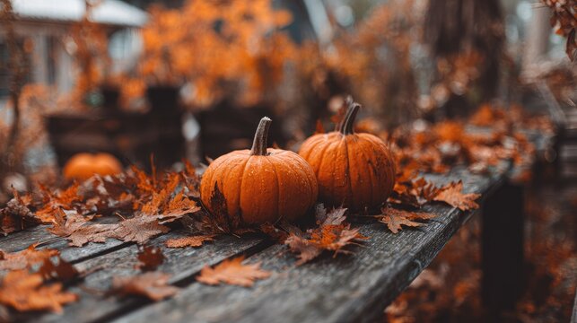 Two orange gourds rest upon weathered wood amidst a scattering of fallen autumn foliage.
