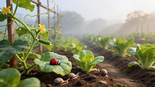 Garden with ladybug snails and plants