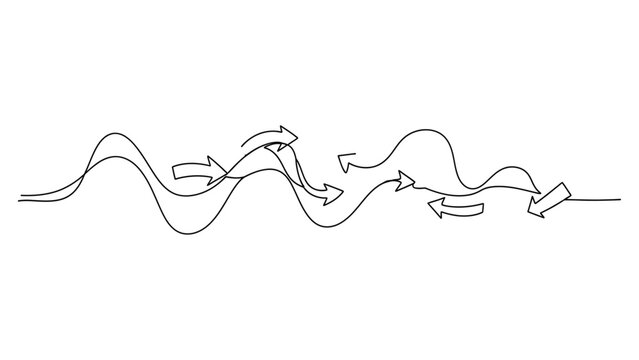 Continuous line drawing of chaotic arrows in a wavy path. Continuous line style. Hand drawn. Line art. Vector design. illustration