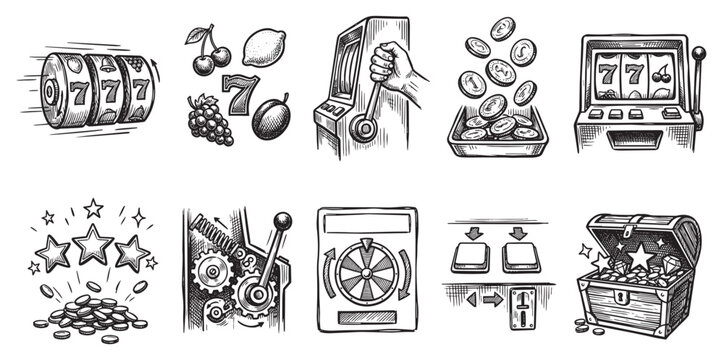 A collection of hand-drawn illustrations featuring gambling and slot machine elements including fruit symbols, lucky sevens, coins, stars, and treasure chests for a retro feel.