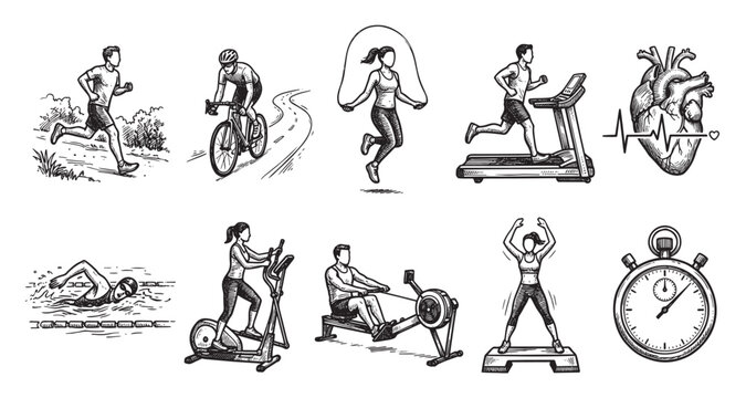 This black and white illustration set features diverse fitness activities like running, cycling, swimming, jump rope, and gym equipment, symbolizing health and a busy lifestyle.