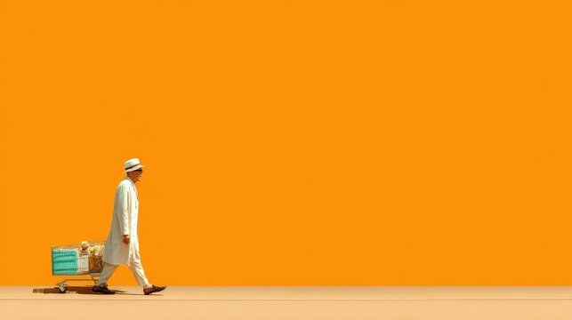 Stylishly dressed individual pushes a shopping cart against a solid vibrant background