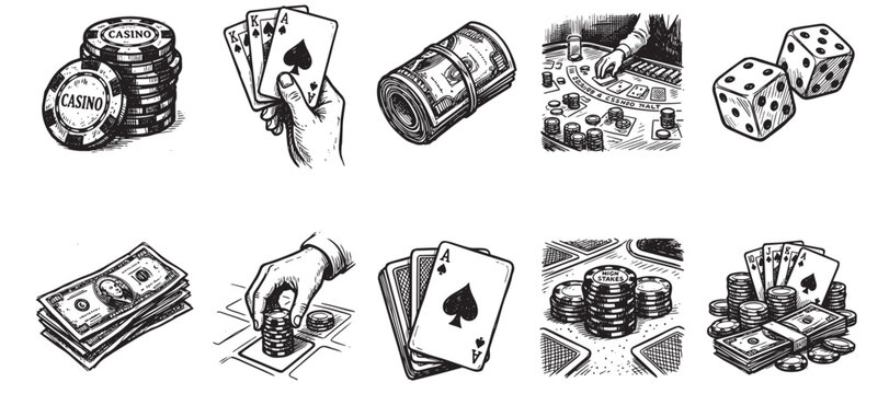 A collection of black and white hand-drawn illustrations depicting various casino gambling elements like chips, playing cards, dice, and money rolls, conveying a classic and artistic feel.