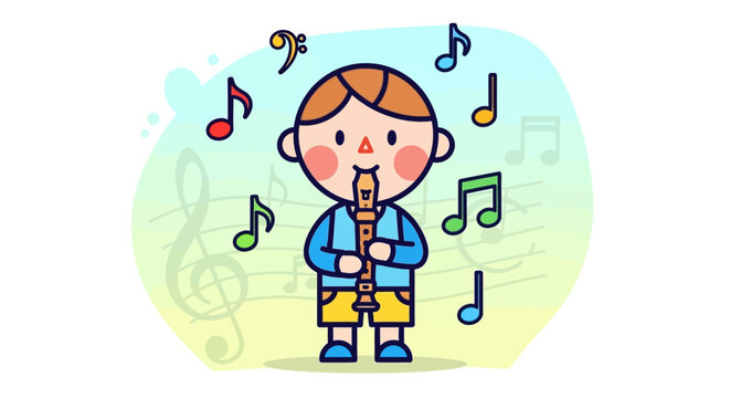 A cute cartoon boy playing a recorder flute.