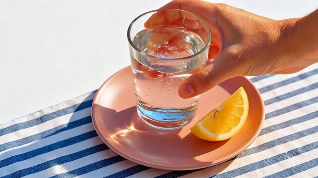 Glass of sparkling water with lemon slice