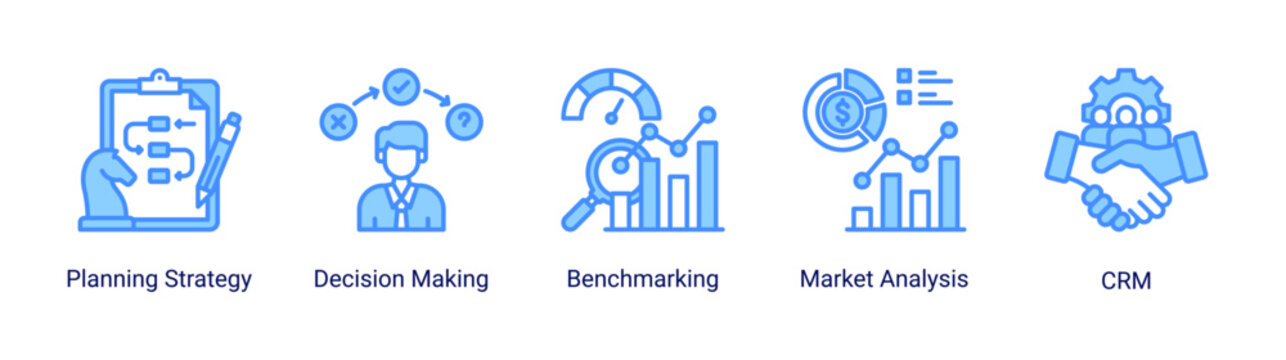 Kaizen strategy icon set featuring decision making,planning,and market analysis concepts.Strategic icon set for business planning,analysis,benchmarking,and customer management.