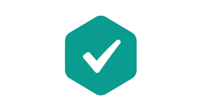Green checkmark symbol in hexagon shape icon