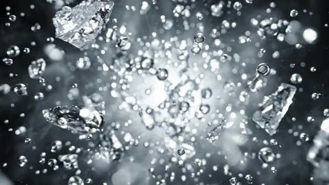 Exploding ice crystals with water droplets in slow motion, frozen liquid splash on dark background, cinematic cold water spray and ice shards