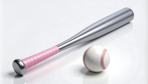 A silver baseball bat with a pink grip rests alongside a white baseball on a clean, reflective surface, suggesting a focus on sports and recreation.