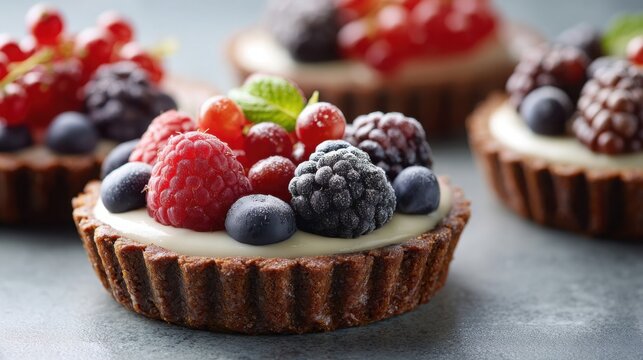 Close-up of Individual Glazed Fruit Tarts With Fresh Berries and Creamy Filling