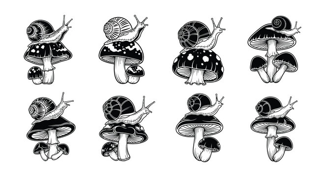 Snails resting on various patterned mushrooms in a black and white illustration