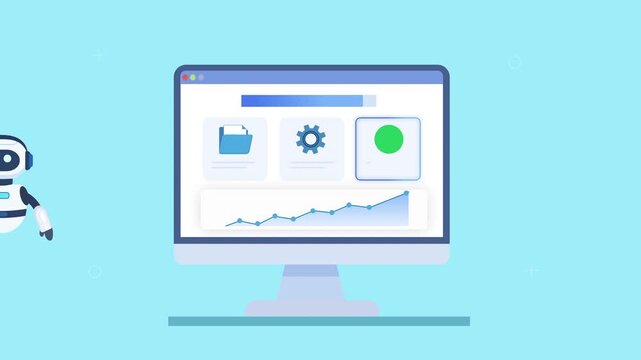 Animated video of a robot assistant beside a computer dashboard showing folder organization, file system structure, and analytics, representing AI automation and digital storage management workflows.