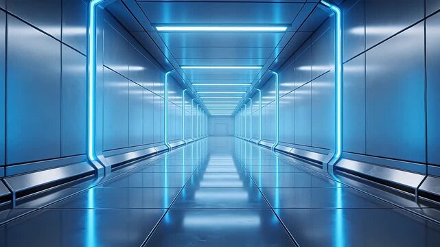 Futuristic corridor with blue neon lights
