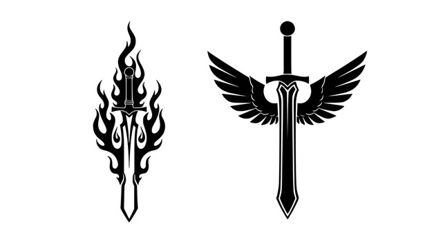 Fantasy sword icons flaming blade and winged sword vector black silhouette transparent