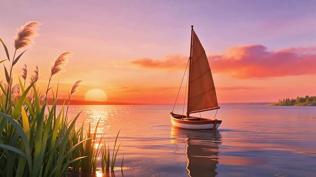 Sailboat on calm water at sunset