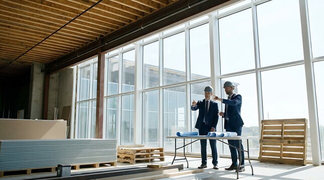 Professional engineers and real estate developers discussing floor plans and building projects inside a sunlit unfinished office space with large windows