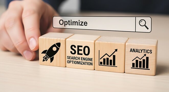 Wooden blocks with SEO optimization and analytics icons on desk with hand  business concept