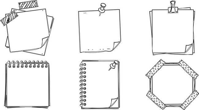 Set of hand drawn doodle note papers, sticky notes, and memo pads, an engraving art style handdrawn illustration