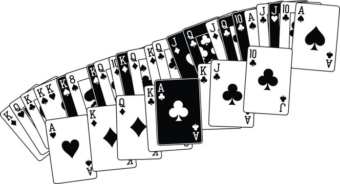 A fan of playing cards black and white illustration depicting a curved arrangement of standard deck cards