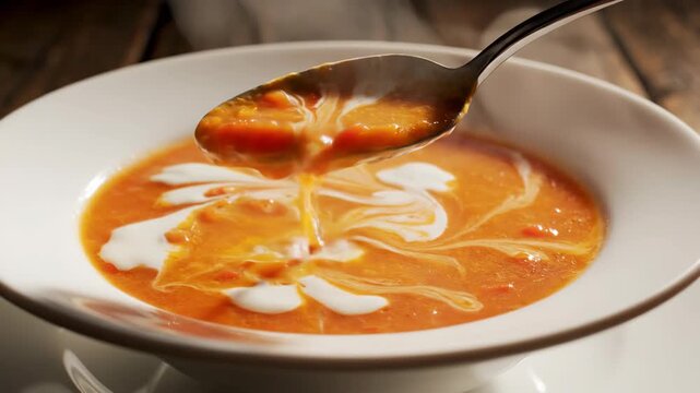 Spoon stirring hot orange soup with cream in white bowl
