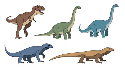 Collection of five different cartoon dinosaurs and prehistoric reptiles. © Kurdi