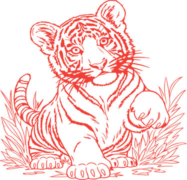 Cute baby tiger cub line art illustration for coloring book