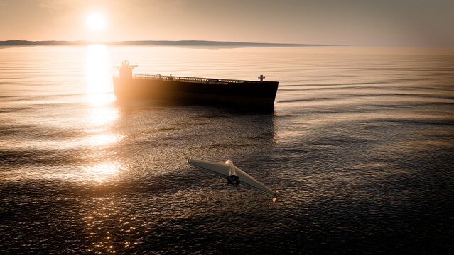 Military drone approaching oil tanker at sunset over sea