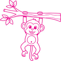 Fototapeta premium Cute cartoon monkey hanging on a tree branch, simple line art illustration for coloring book