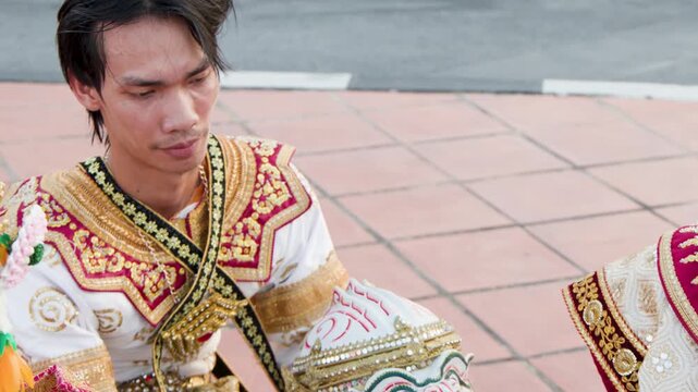 Traditional Thai Khon Dancers in Ornate Costumes Perform at Wat Suthat