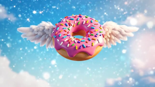 Pink frosted donut with wings flying through the sky