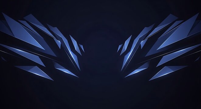 Symmetrical composition of sharp blue geometric shards and angular facets with metallic reflections and glowing light edges on a dark navy background for futuristic digital design.
