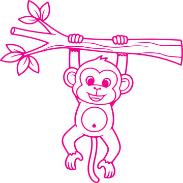 Cute cartoon monkey hanging on a tree branch, simple line art illustration for coloring book
