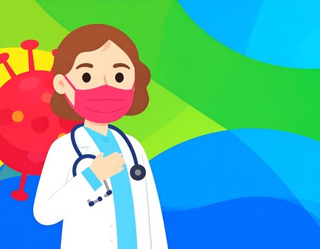 Female Doctor Wearing Pink Mask And Stethoscope Flat Vector Illustration With Virus On Colorful Abstract Background Healthcare Concept