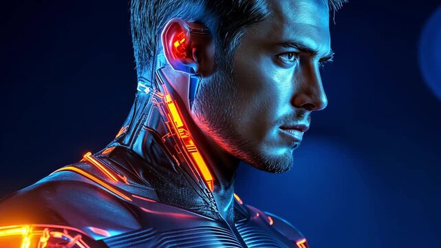 A man with tech features on their neck and glowing elements stands in front of a dark background, highlighting a modern design