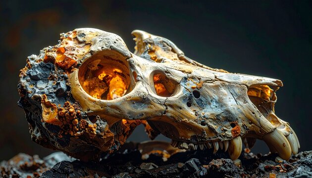 Close-up fossilized bone with mineral deposits, symbolizing paleontology, evolutionary history, and geological preservation of ancient species.