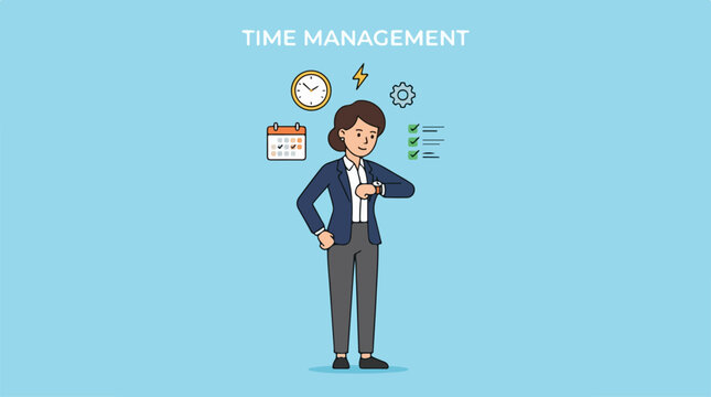 Businesswoman managing time, checking watch, planning schedule, time management concept.