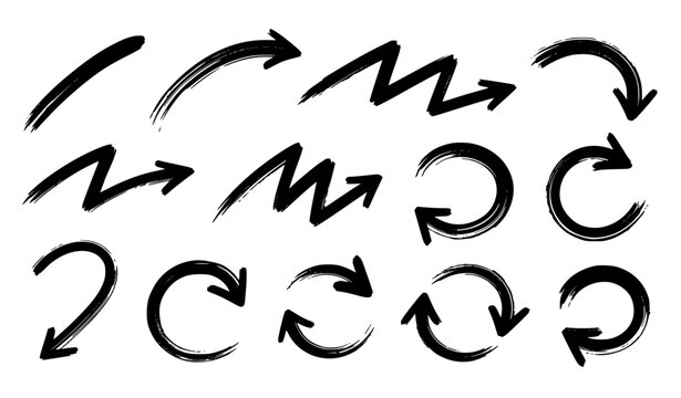 Hand drawn brushstroke arrows vector set with rough ink strokes and directional symbols isolated on white background