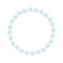 Circular wreath of light blue five-petal flowers with delicate stems and leaves, arranged symmetrically, decorative frame design perfect for invitations, posters and seasonal artwork © Lipitorika
