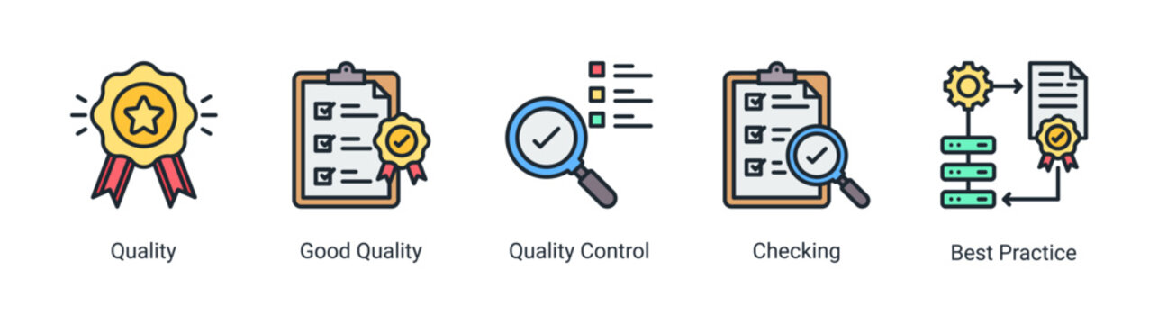 Kaizen quality icon set featuring quality control,inspection,and best practice concepts.Icon set focused on quality assurance,checking,and standardization processes for business and industrial use.