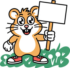 Obraz premium Cute cartoon hamster holding a blank sign