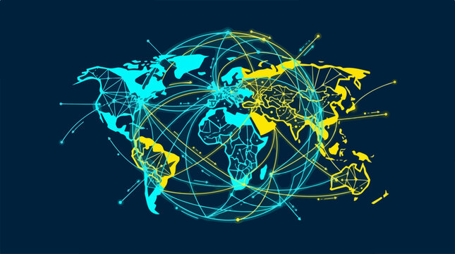 Global network connections and data transfer visualization on a world map.