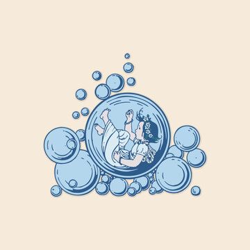Fairy trapped bubbles girl wings water kid retro logo vintage illustration design vector icon cute
