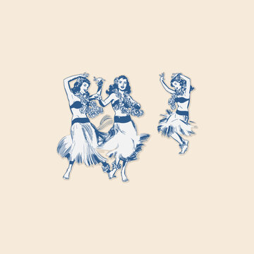 Hawaiian woman dancing hula flowers icon set retro logo vintage illustration design vector element