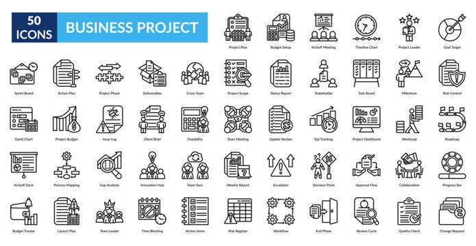 Business Project Line Icon Set. Project Plan, Budget Setup, Kickoff Meeting, Timeline Chart, Project Leader, Goal Target, Risk Control