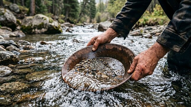 Close up of a prospector panning for gold in a mountain stream.