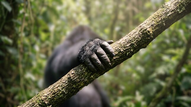 Close up of a mountain gorilla hand gripping a tree branch in the jungle.