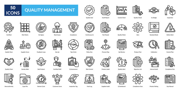 Quality Management Line Icon Set. Quality Seal, Audit Report, Control Chart, Quality Check, Iso Badge, Inspection, Defect Alert